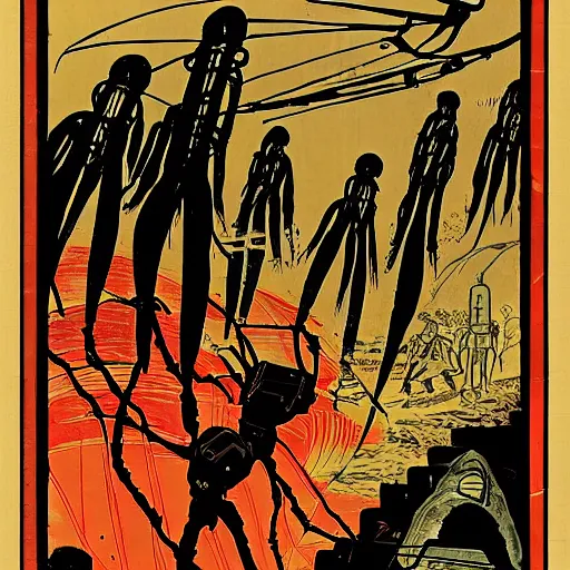 Prompt: war of the worlds radio play poster, late meiji period, colored woodblock