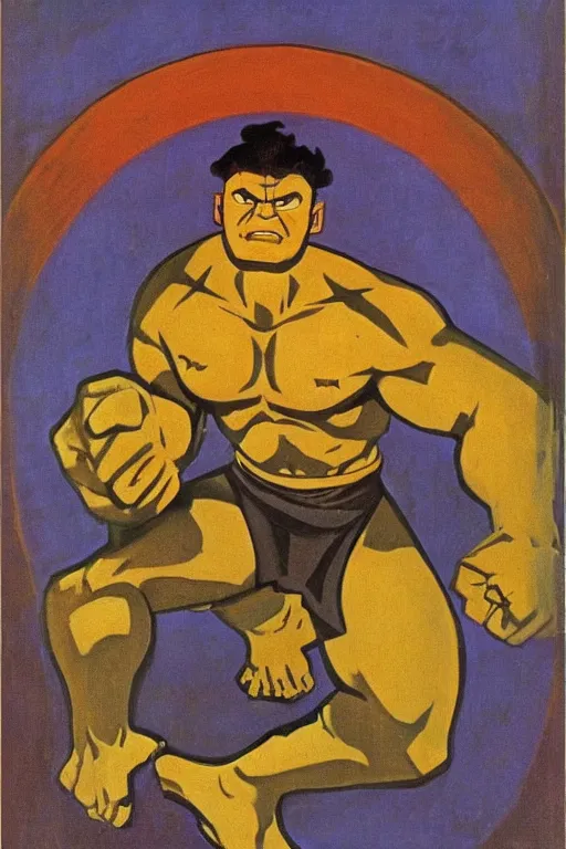 Image similar to hulk, marvel, artwork by nicholas roerich,