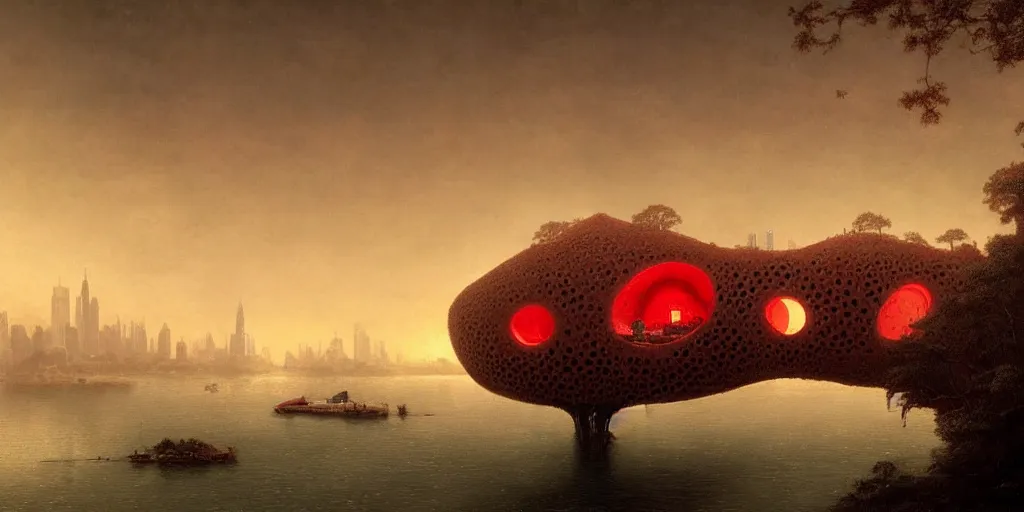 Prompt: An epic architectural rendering of a blob shaped trypophobia house with a mysterious red glow emitting from inside in a modern cityscape next to a river, by Martin Johnson Heade and Greg Rutkowski, stunning, gorgeous, golden ratio, photorealistic, featured on artstation, 4k resolution