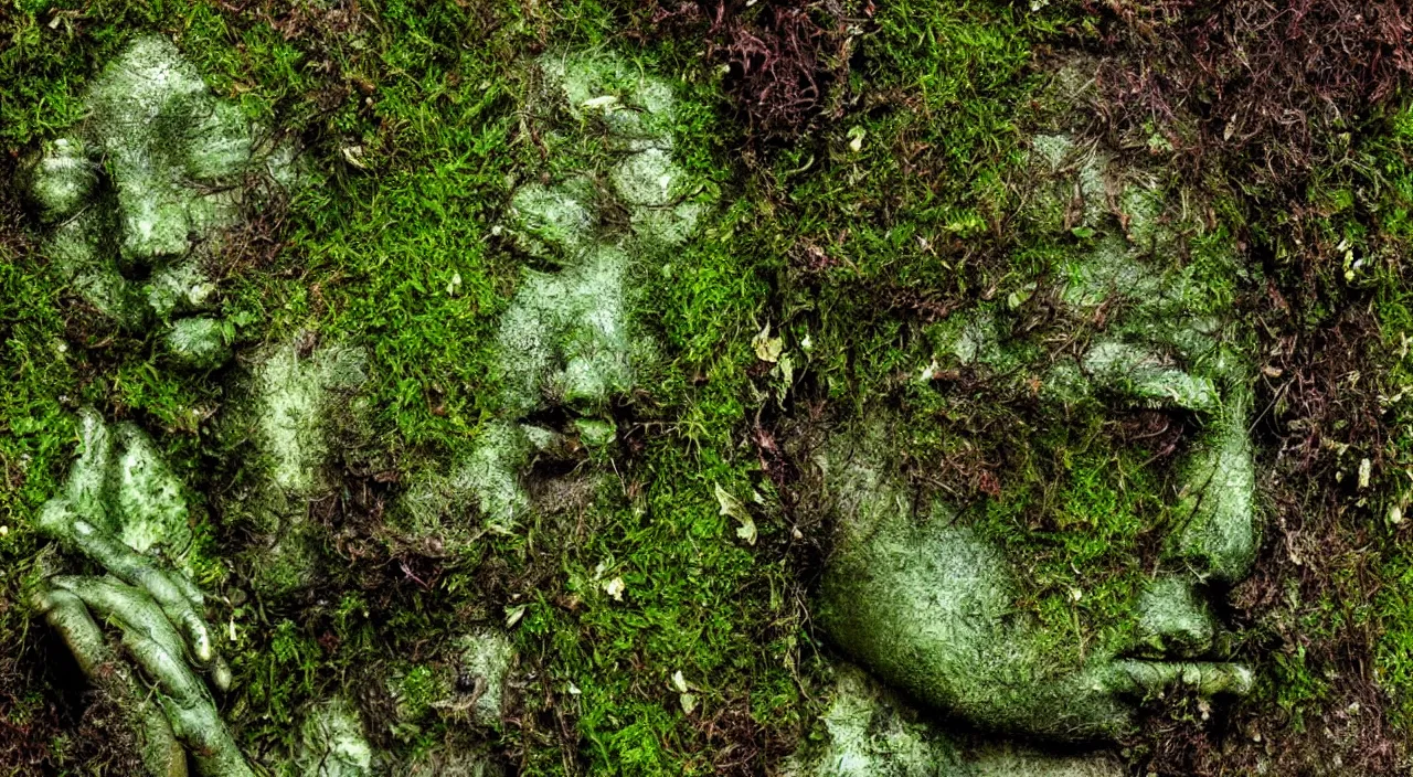 Image similar to Moss-covered Gaia goddess shedding a single tear