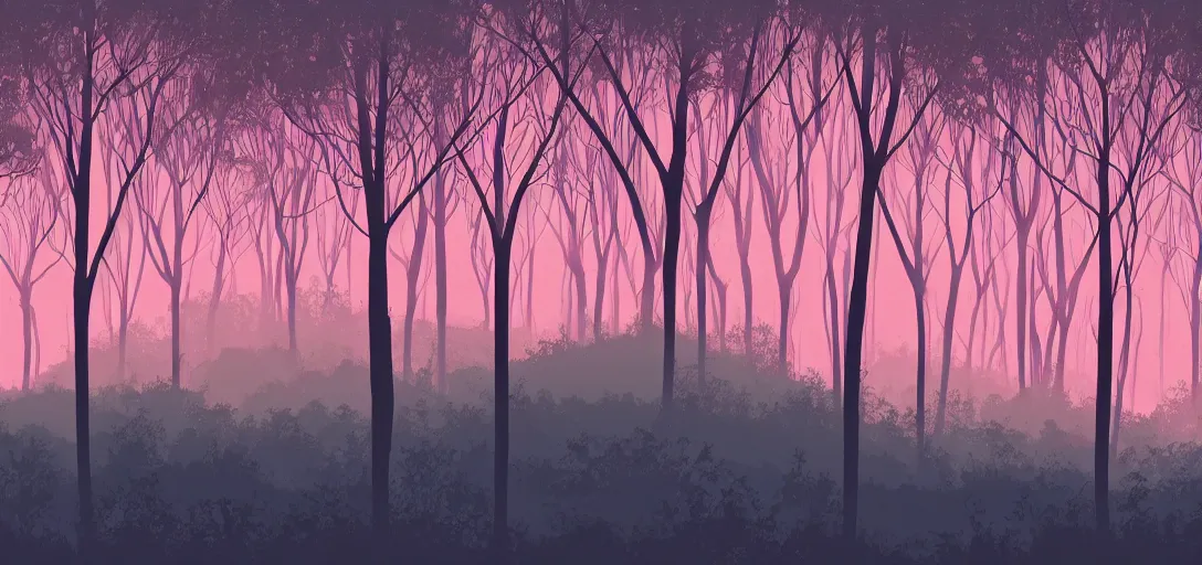 Prompt: a forested landscape, large hanging tree canopies, pink light on the horizon, mountains, vast foliage, by eyvind earle, volumetric lighting, flat color