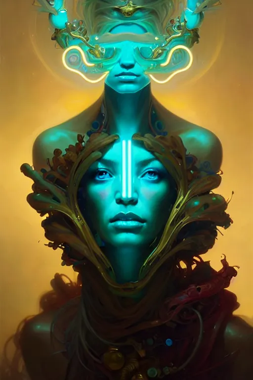 Prompt: portrait, bioluminescent druid, cyberpunk, elegant baroque, asymmetrical art, hyperrealism, colorful, vivid, imposing, epic, abstract texture, gold leaf texture, artstation, concept art, by peter mohrbacher and wlop and rhads and artgerm and magali villeneuve and alphonse mucha