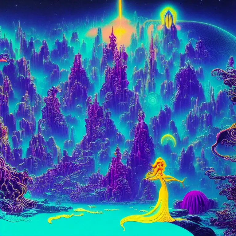 Prompt: mysterious cosmic girl over epic mystical crystal temple, infinite glissando, hallucinogenic waves, synthwave, bright neon colors, highly detailed, cinematic, eyvind earle, tim white, philippe druillet, roger dean, ernst haeckel, lisa frank, aubrey beardsley, kubrick