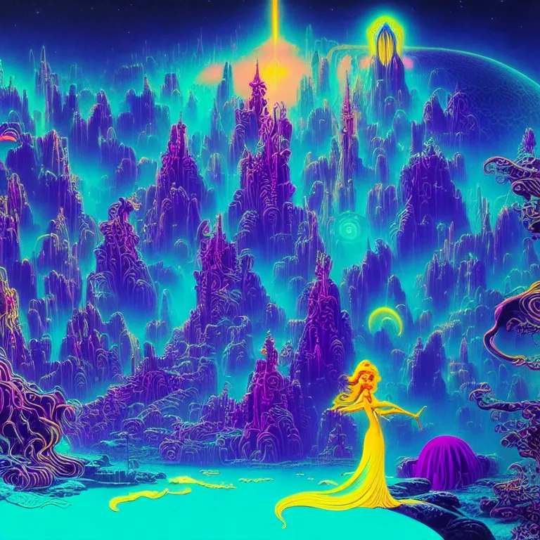 Image similar to mysterious cosmic girl over epic mystical crystal temple, infinite glissando, hallucinogenic waves, synthwave, bright neon colors, highly detailed, cinematic, eyvind earle, tim white, philippe druillet, roger dean, ernst haeckel, lisa frank, aubrey beardsley, kubrick