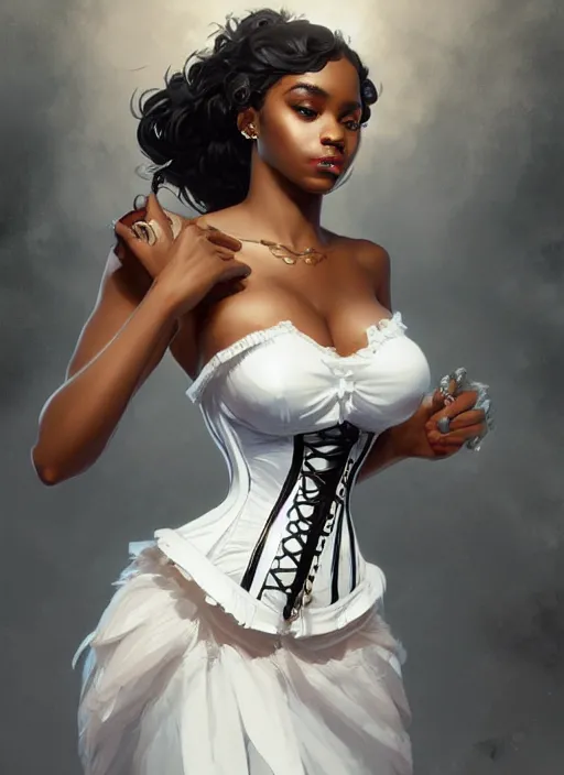 Image similar to cute black woman wearing a white corset dress, fantasy, intricate, highly detailed, digital painting, artstation, concept art, wallpaper, smooth, sharp focus, illustration, art by artgerm and greg rutkowski and alphonse mucha