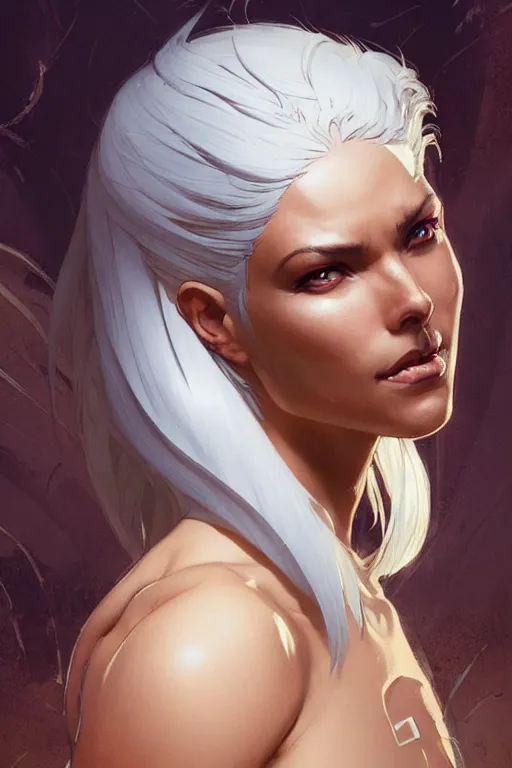 Image similar to beautiful woman with white hair and brown skin as aeon flux profile picture by Greg Rutkowski, dynamic pose, intricate, futuristic, fantasy, elegant, by Stanley Artgerm Lau, greg rutkowski, thomas kindkade, alphonse mucha, loish, norman Rockwell,