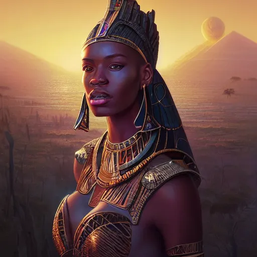 Image similar to highly detailed portrait of an african egyptian goddess, intricate alien technology, stephen bliss, unreal engine, fantasy art by greg rutkowski, loish, rhads, ferdinand knab, makoto shinkai and lois van baarle, ilya kuvshinov, rossdraws, tom bagshaw, global illumination, radiant light, detailed and intricate environment