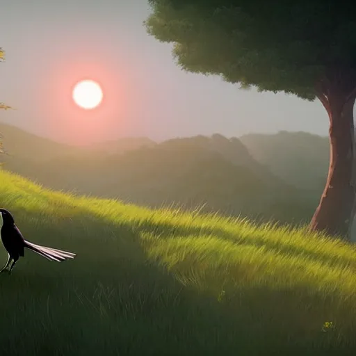 Image similar to a wholesome animation key shot of a crow on a hill, simetrical medium shot, studio ghibli, pixar and disney animation, sharp, rendered in unreal engine 5, anime key art by greg rutkowski, bloom, dramatic lighting