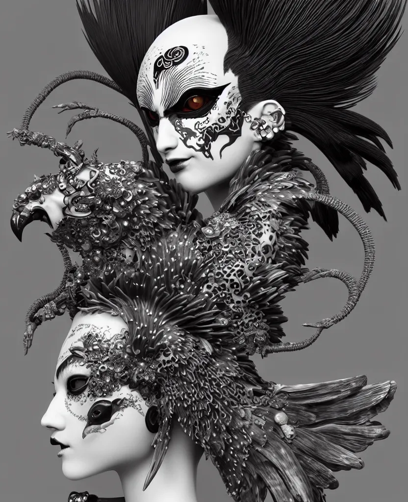 Image similar to 3 d goddess close - up profile portrait punk with mohawk with ram skull. beautiful intricately detailed japanese crow kitsune mask and clasical japanese kimono. betta fish, jellyfish phoenix, bio luminescent, plasma, ice, water, wind, creature, artwork by tooth wu and wlop and beeple and greg rutkowski