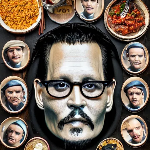 Image similar to johnny depp made out of jambalaya, a human face made out of a bowl of jambalaya, professional food photography