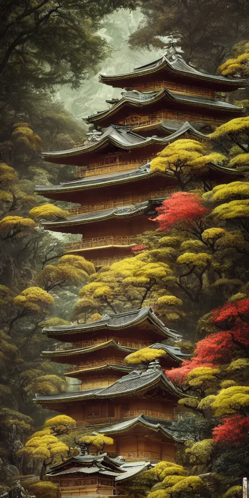 Image similar to japanese style palace on a mountain overgrown by glowing mushrooms, hyper realistic, lush gnarly plants, 8 k, denoised, by greg rutkowski, tom bagshaw, james gurney cinematic lighting