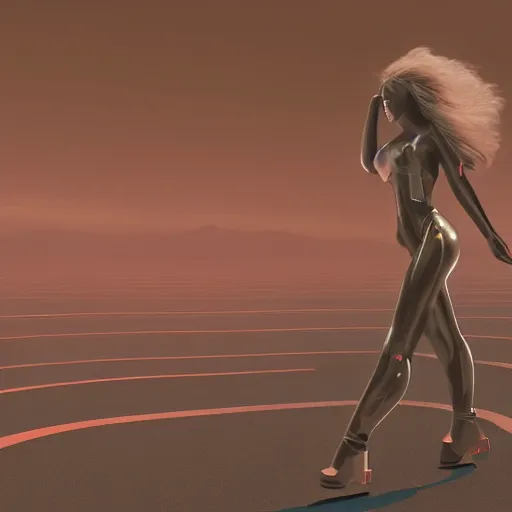 Image similar to A wide angle shot from below of a feminine body walking with swagger towards camera on mars in an infinite universe , synthwave digital art