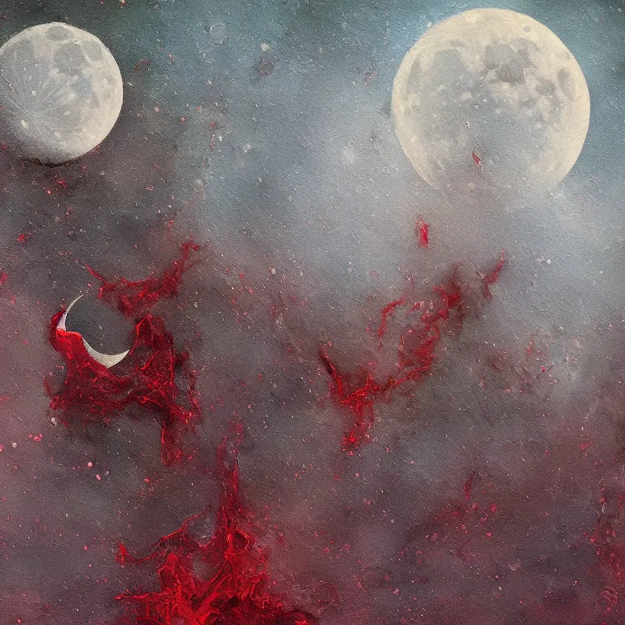 Image similar to moon with a fanged devouring moon sharp fangs streaming blood bestial moon, award winning oil painting digital art, chromatic aberration