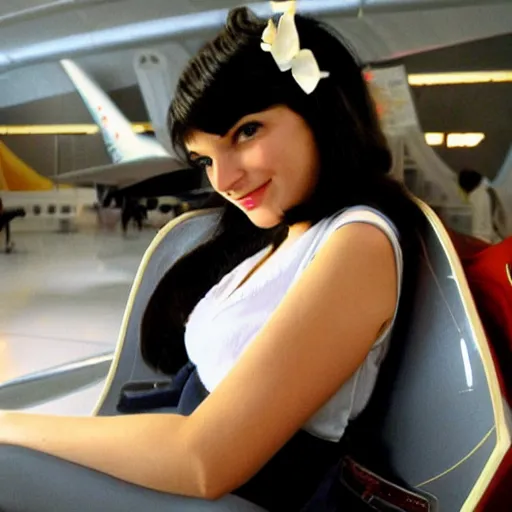 Image similar to a beautiful dark - haired girl riding a concorde