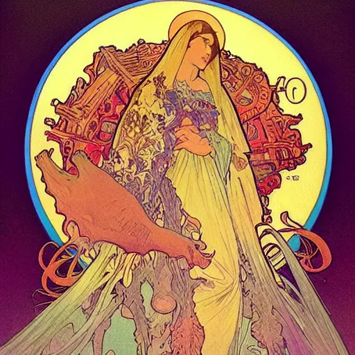 Image similar to “colorfull artwork by Franklin Booth and Alphonse Mucha and Moebius showing a portrait of Jesus riding a dinosaur”