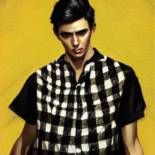 Image similar to ultra realistic illustration, a young man with black hair, in a checkered yellow and black shirt, with blue eyes, highly detailed, digital painting, artstation, concept art, smooth, sharp focus, illustration, art by artgerm and greg rutkowski and alphonse mucha