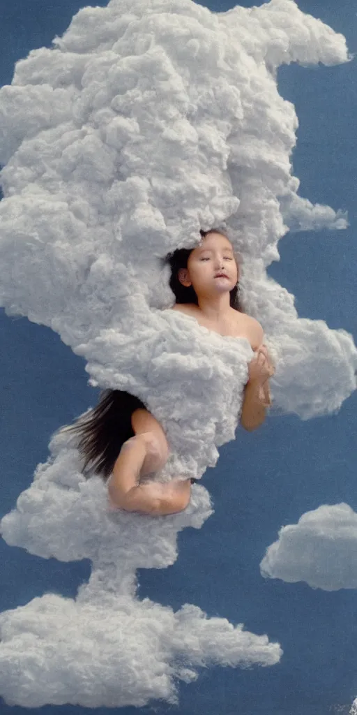 Prompt: beautiful girl made of an aggressive cream drop cloud in water