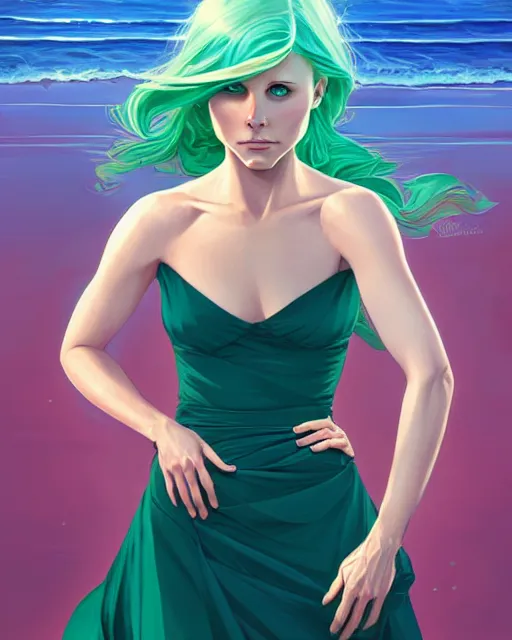 Image similar to style artgerm, joshua middleton, beautiful kristen bell with green dress, very long blue hair, symmetrical face, symmetrical eyes, water powers water swirling, detailed, beach setting, cinematic lighting