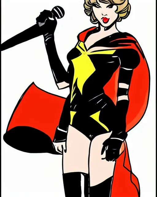 Image similar to taylor swift as a super hero similar to seraphine from league of legends with a microphone in her hand as her weapon drawn in a 1 9 5 0 s cartoon on a saturday morning style, hugh quality, very well proportioned silhouette