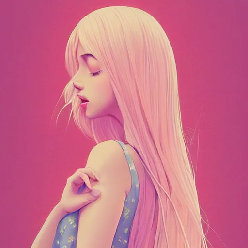 Image similar to happy adult female in sundress, summer dress, pastel light pink very long hair, muted colors, matte print, pastel colors, ornate, digital art, digital painting, fan art, elegant, artstation, head is centered, by Ilya Kuvshinov