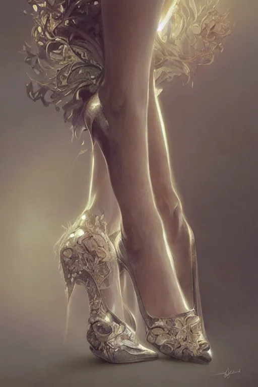 Image similar to ultra realistic illustration, high heel shoes, intricate, elegant, highly detailed, digital painting, artstation, concept art, smooth, sharp focus, illustration, art by artgerm and greg rutkowski and alphonse mucha