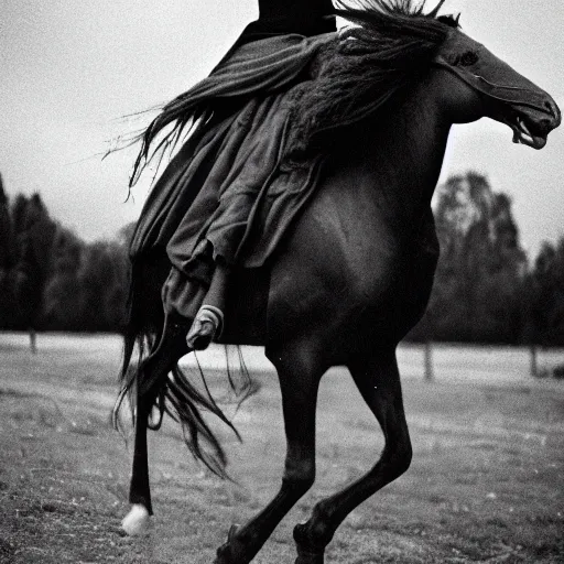 Prompt: A young lady with a black cloak is riding a dark horse from distance, Kodak TRI-X 400, dark mood, melancholic