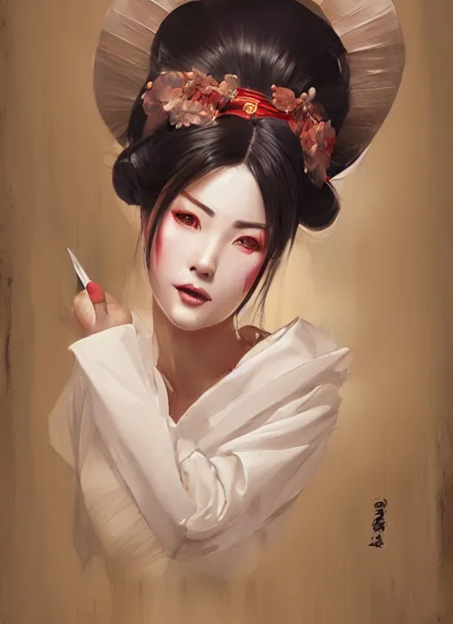 Prompt: hyper realistic geisha, by greg rutkowski, by artgerm