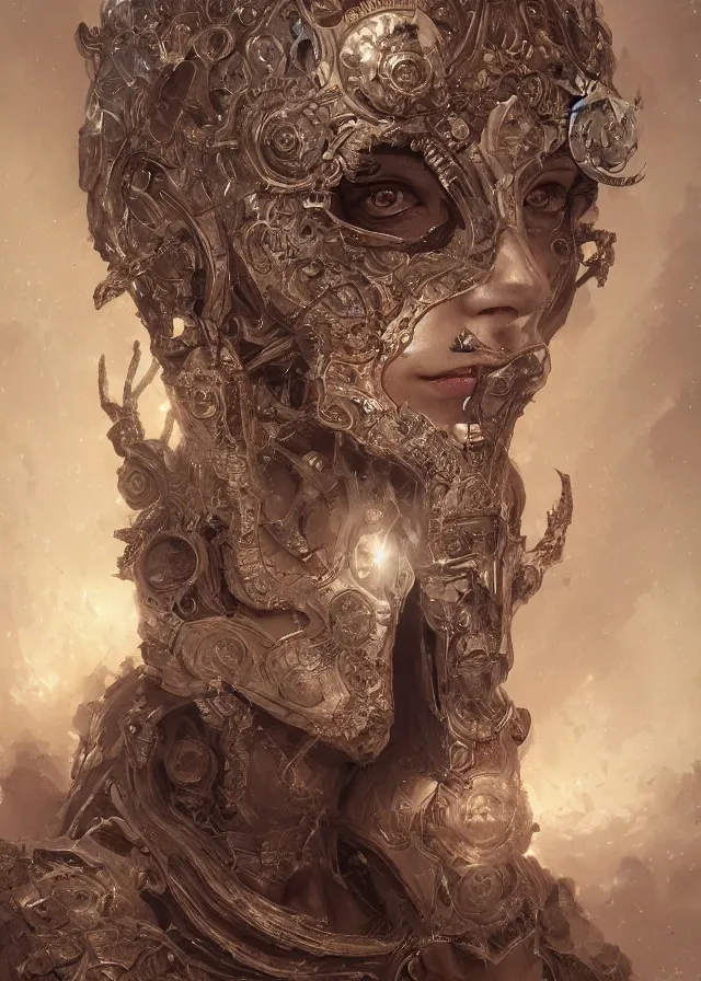 Prompt: woman portrait, face, wearing a carved mask with tiny mineral incrustations, godness, ethereal, mech, evil, elements, baroque, rococo, ink, tarot card enviromet, cinematics lights, detailed, intricate illustration, octane render, fractal, fine art by marc simonetti & peter mohrbacher