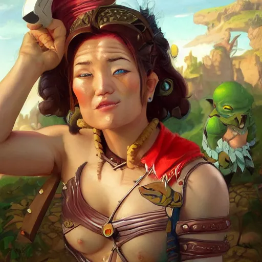 Image similar to a painted portrait of a cartoon character that has been brought to the real world, a a barbarian with a kind heart, the setting is a normal suburban backyard by huang guangjian and gil elvgren and sachin teng, 8 k,