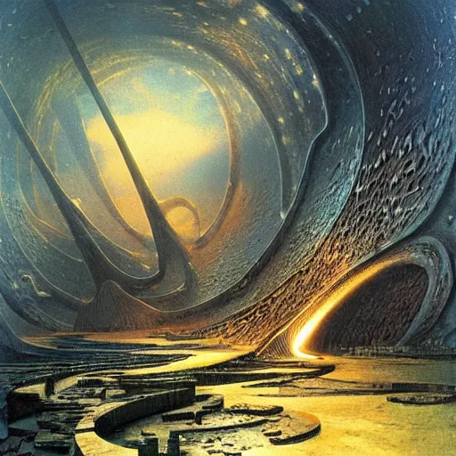 Prompt: The world is labyrinthine beyond possibility of imagining, inhabited on many levels by alien intelligence, infinite in extent, staggering in its beauty, terrifying in its weirdness, endlessly satisfying and peculiar, by John Constable and Ralph McQuarrie and Bruce Pennington