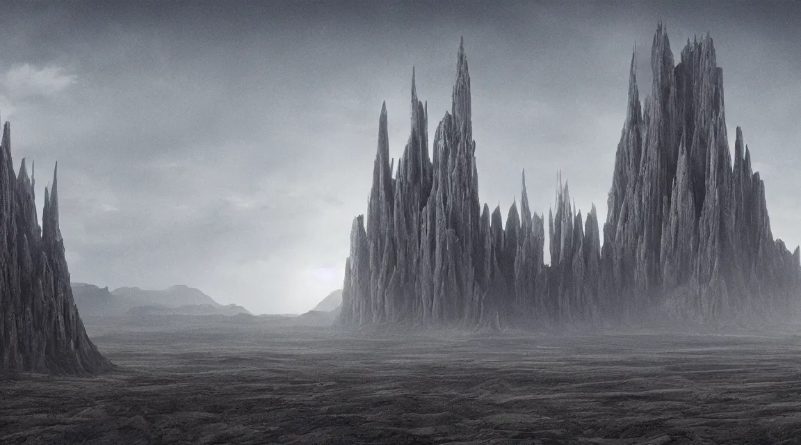 Image similar to stunning large format photograph, beautiful cinematic perspective of an incredible ultra detailed architectural masterpiece towering alien castle on a craggy grey moon inspired by moebius, strange gigantic mesas, distant mountains, soft black psychedelic haze in the sky, photographed in the style of denis villeneuve and greig fraser, Arri Alexa LF, crisp detailed ground, soft sky, visual effects and composite by ILM, 10k with IMAX