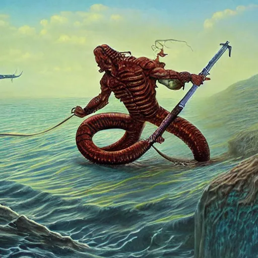 Prompt: lone soldier fighting sea serpent, illustration by Michael Whelan, imaginative realism, fantasy art, visionary art, acrylic, smooth blending