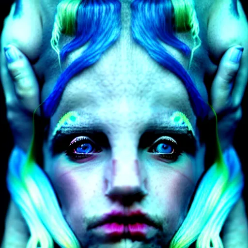 Image similar to The dragon girl portrait, portrait of young girl half dragon half human, dragon girl, dragon skin, dragon eyes, dragon crown, blue hair, long hair, highly detailed, cinematic lighting, Matte painting by David Lynch