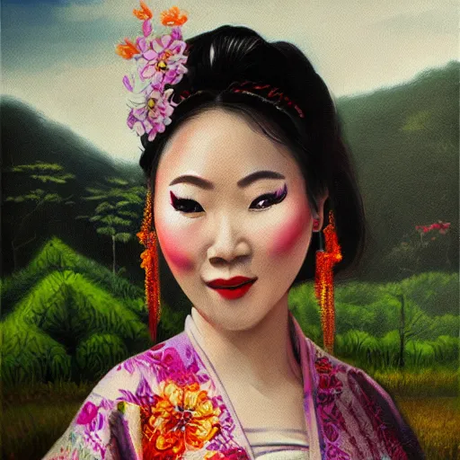 Image similar to thai lady dancing, cute face, floral print kimono, pai hills, cloudy, tea plantation, fantasy detailed trending on artstation, oil painting, dramatic lighting, eterea, high quality print, fine art with subtle redshift rendering