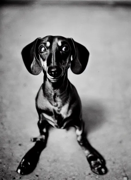 Image similar to Portrait of a dachshund struggling during the Great Depression, Leica m6, 85mm, fine-art photography, f/1.8, by Steve McCurry