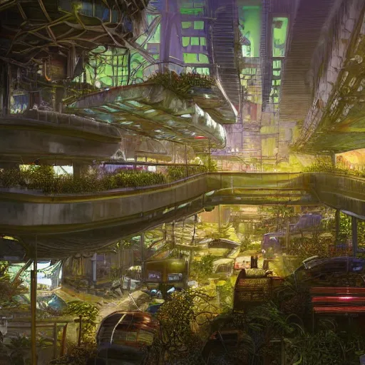 Prompt: lost beautiful overgrown city futuristic fantasy mixed with polluted industrial city transport hub, dimmed lights chaos 4 k - n 4
