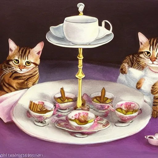 Prompt: three tabby cats attend a fancy english tea party, photorealistic photorealism