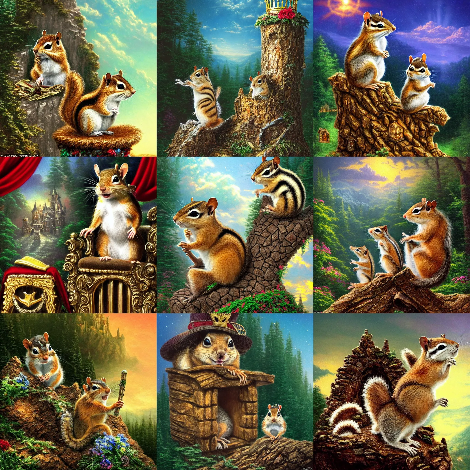 Prompt: highly detailed, a elvis lookalike chipmunk, as the king of the world, sitting on his throne in his castle, atmospheric lighting, nice composition, art inspired by thomas kinkade