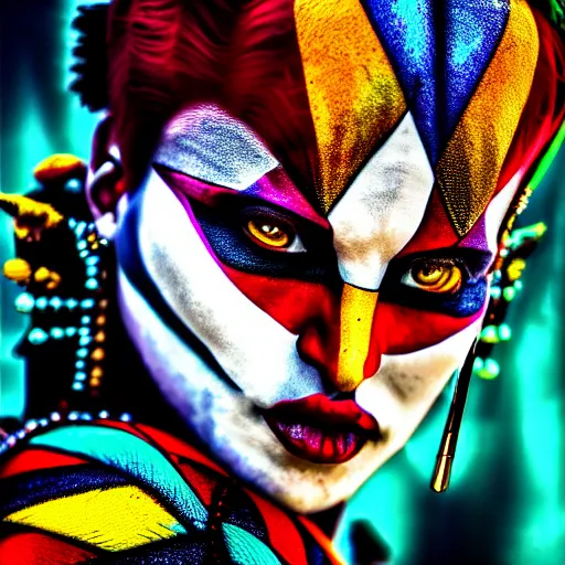 Prompt: photo of a beautiful harlequin warrior, highly detailed, 4k, HDR,