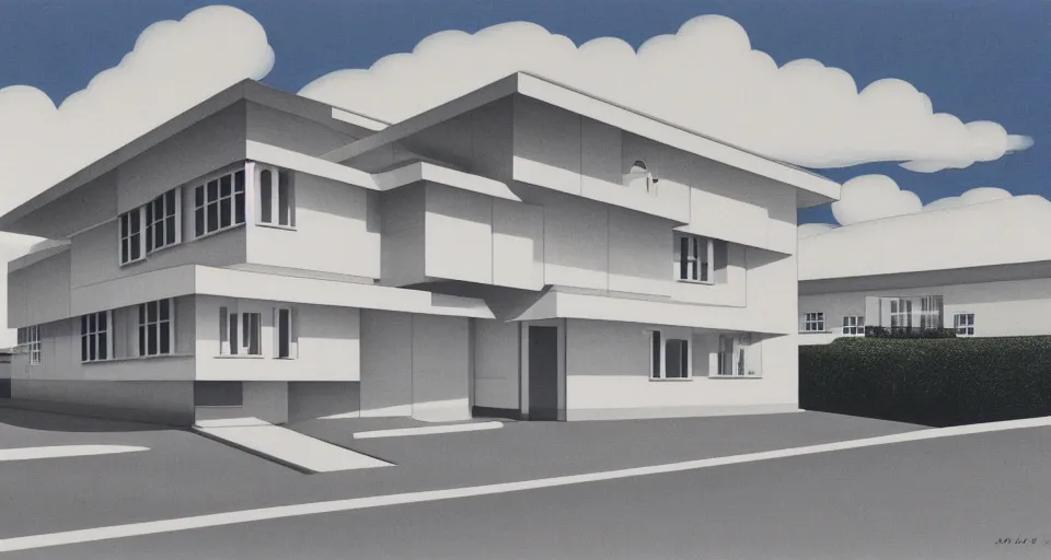 Image similar to bauhaus house, hiroshi nagai, matte painting, hiroshi nagai