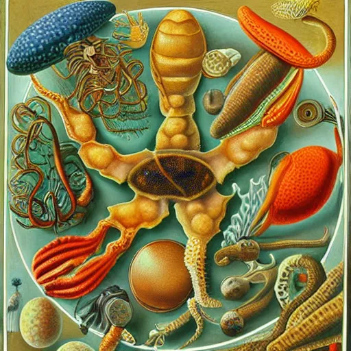 Image similar to Scientific diagram of the Krabby Patty secret formula, by Ernst Haeckel, medical illustration, oil on canvas