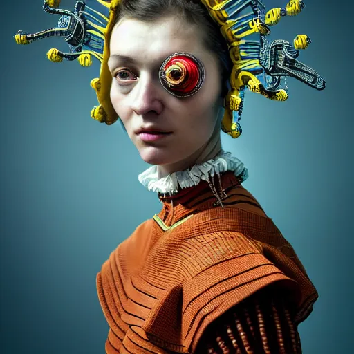 Image similar to Colour Caravaggio style Photography of Highly detailed beautiful Woman with 1000 years perfect face and wearing detailed Ukrainian folk costume designed by Taras Shevchenko also wearing highly detailed retrofuturistic sci-fi Neural interface designed by Josan Gonzalez. Many details In style of Josan Gonzalez and Mike Winkelmann and andgreg rutkowski and alphonse muchaand and Caspar David Friedrich and Stephen Hickman and James Gurney and Hiromasa Ogura. Rendered in Blender and Octane Render volumetric natural light