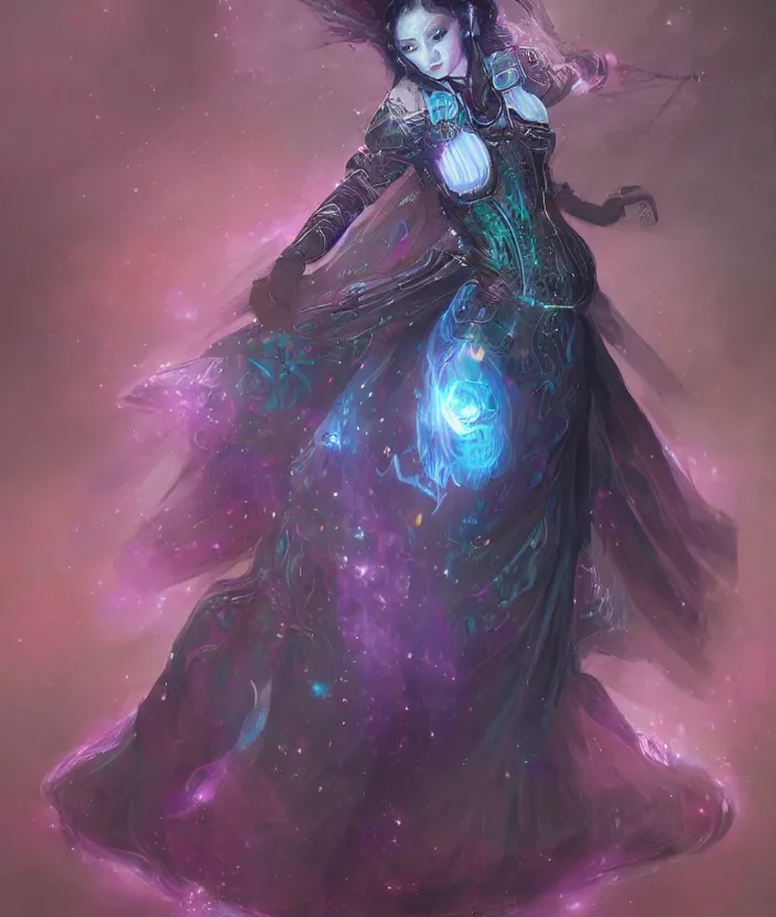 Image similar to concept art of asian female Void Walker, slavic style dress, corset, full body, Realistic, nebula background, intricate details, colourful, by Jason Chan