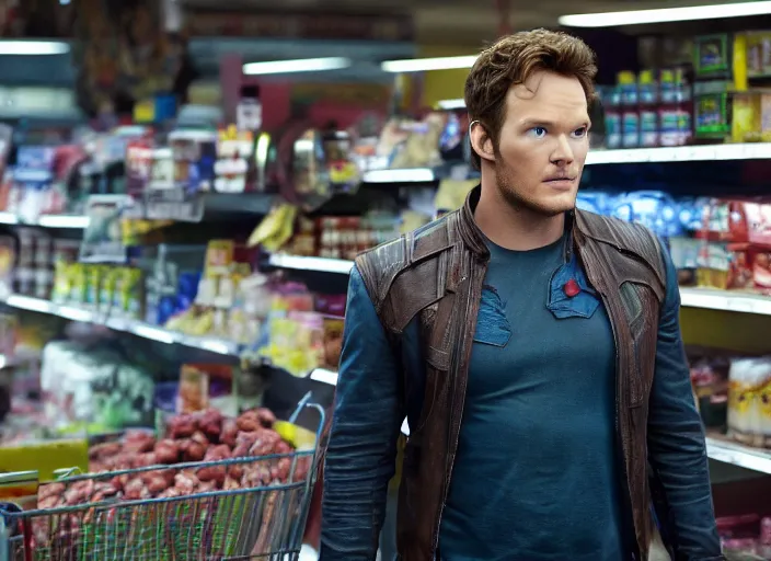 Image similar to film still of star - lord played by chris pratt shopping in a supermarket in the new guardians of the galaxy movie, 4 k, 8 k, photorealistic, highly detailed face and eyes