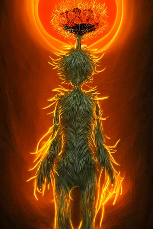 Image similar to a glowing humanoid figure dandelion monster with large glowing eyes, surrounded by blazing orange, highly detailed, digital art, sharp focus, trending on art station, artichoke, anime art style