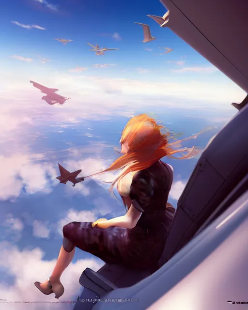 Prompt: photorealistic very wide shot of a girl sitting on the wing of a flying passenger airplane, side view, very windy, sunny morning light, distant birds, hdr, volumetric lighting, intricate details, detailed digital artstation concept by noriyoshi ohrai and krenz cushart and john william waterhouse, unreal engine, octane render