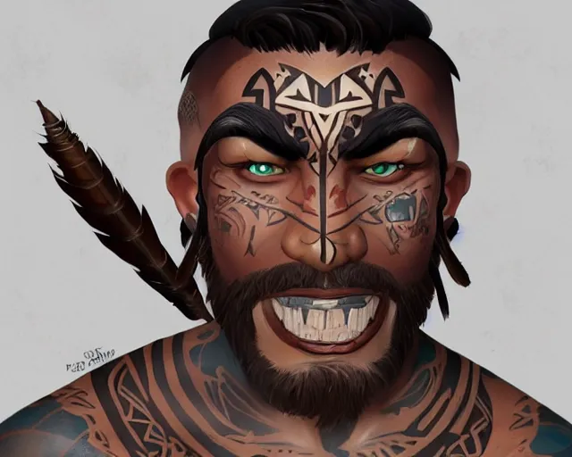 Image similar to sea of thieves character portrait concept art for a muscular tribal native man with polynesian tattoos on his face and a nose ring, cgsociety, trending on artstation, rare ltd,