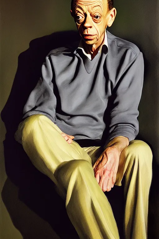 Image similar to portrait of don knotts sitting with full face full figure, in the style of expressionism, soft light, volumetric light, subsurface scattering, translucent skin, artstation, trending, andrew wyeth, jamie wyeth, john singer sargent,