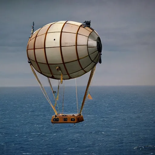 Prompt: Colour photo of steampunk airship flying across the Atlantic Ocean