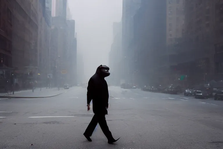 Prompt: close up portrait of a tyrannosaurus walking in a smoky street of new york, photograph, natural light, sharp, detailed face, magazine, press, photo, steve mccurry, david lazar, canon, nikon, focus